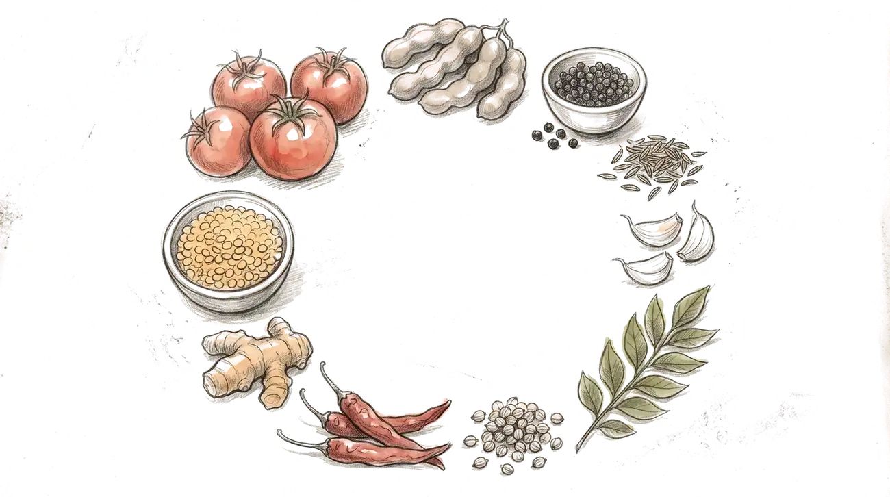Rasam ingredients laid out on yellow linen