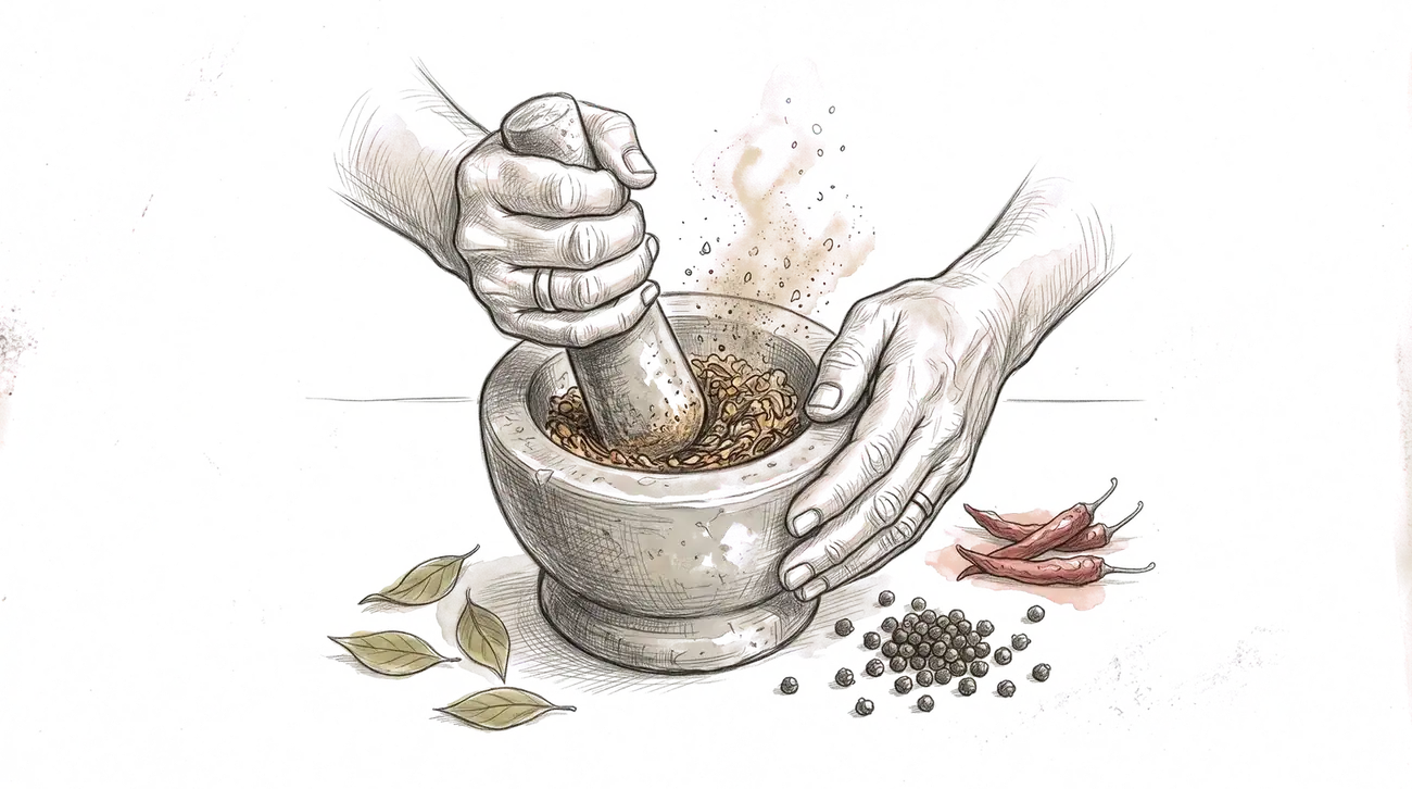 Spices being pounded in a stone mortar