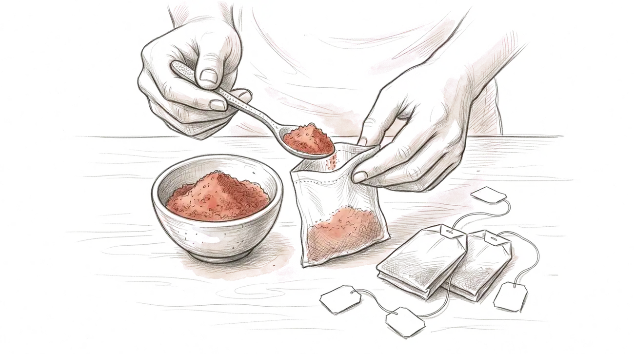 A spoon filling a cotton tea bag with rasam powder
