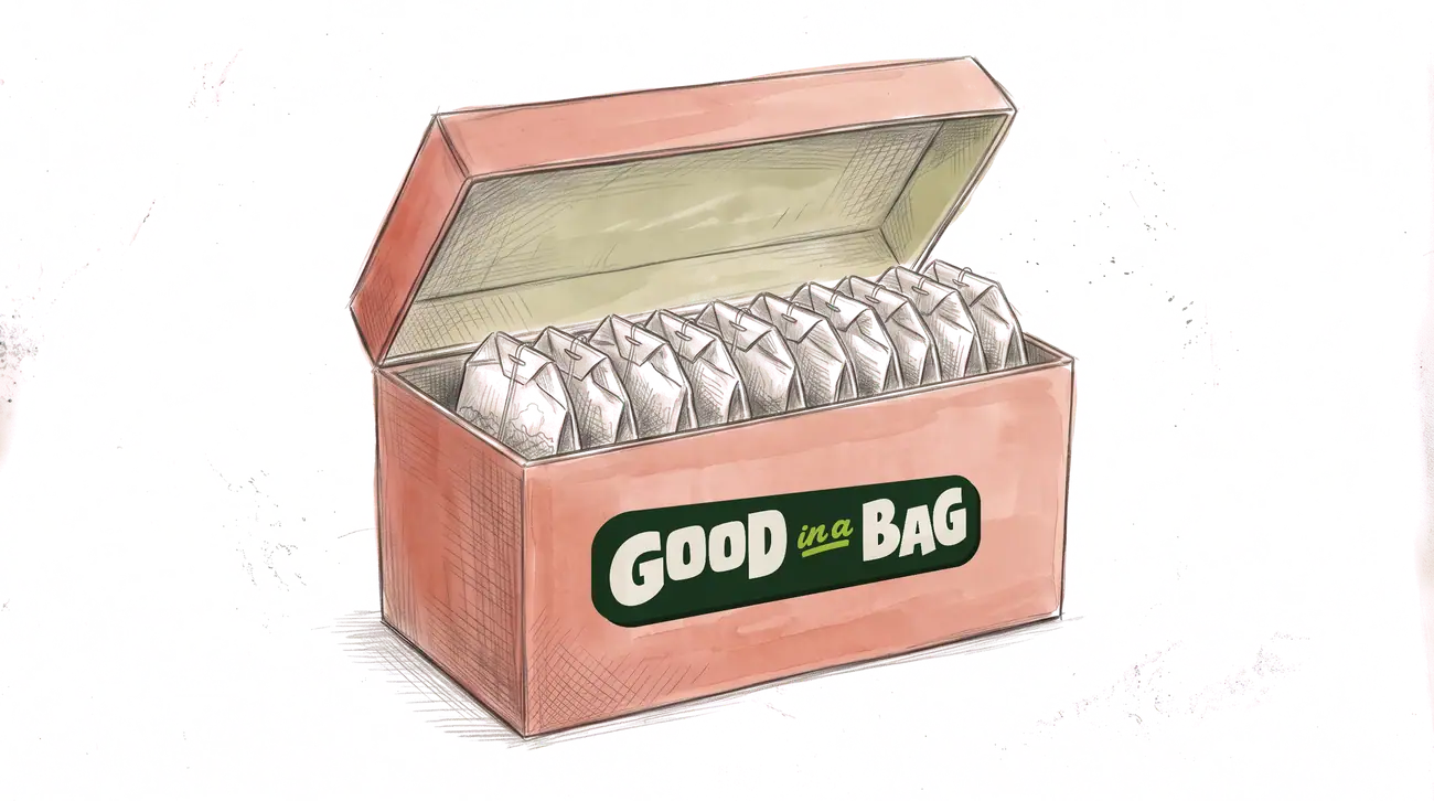 An open red box holding ten tea bags