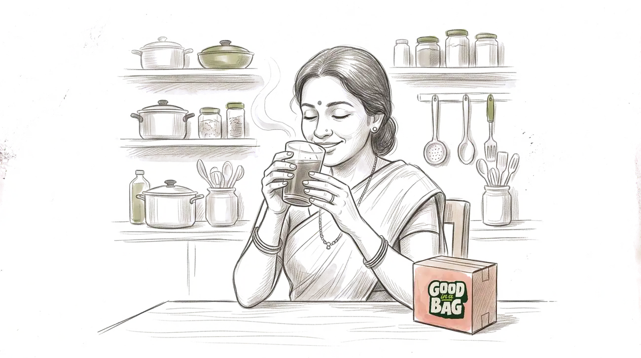 A woman sipping rasam with her eyes closed